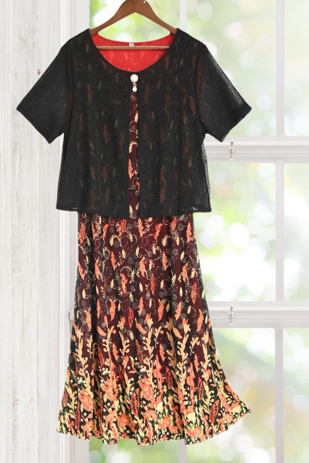 Harriet Black Floral Dress with cardigan